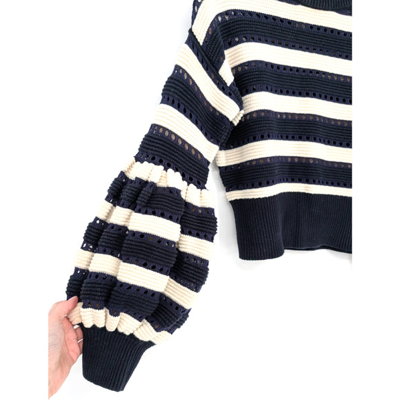 Self-Portrait Striped Balloon Sleeve Cropped Sweater Navy White Small Prep Twee - Picture 7 of 15